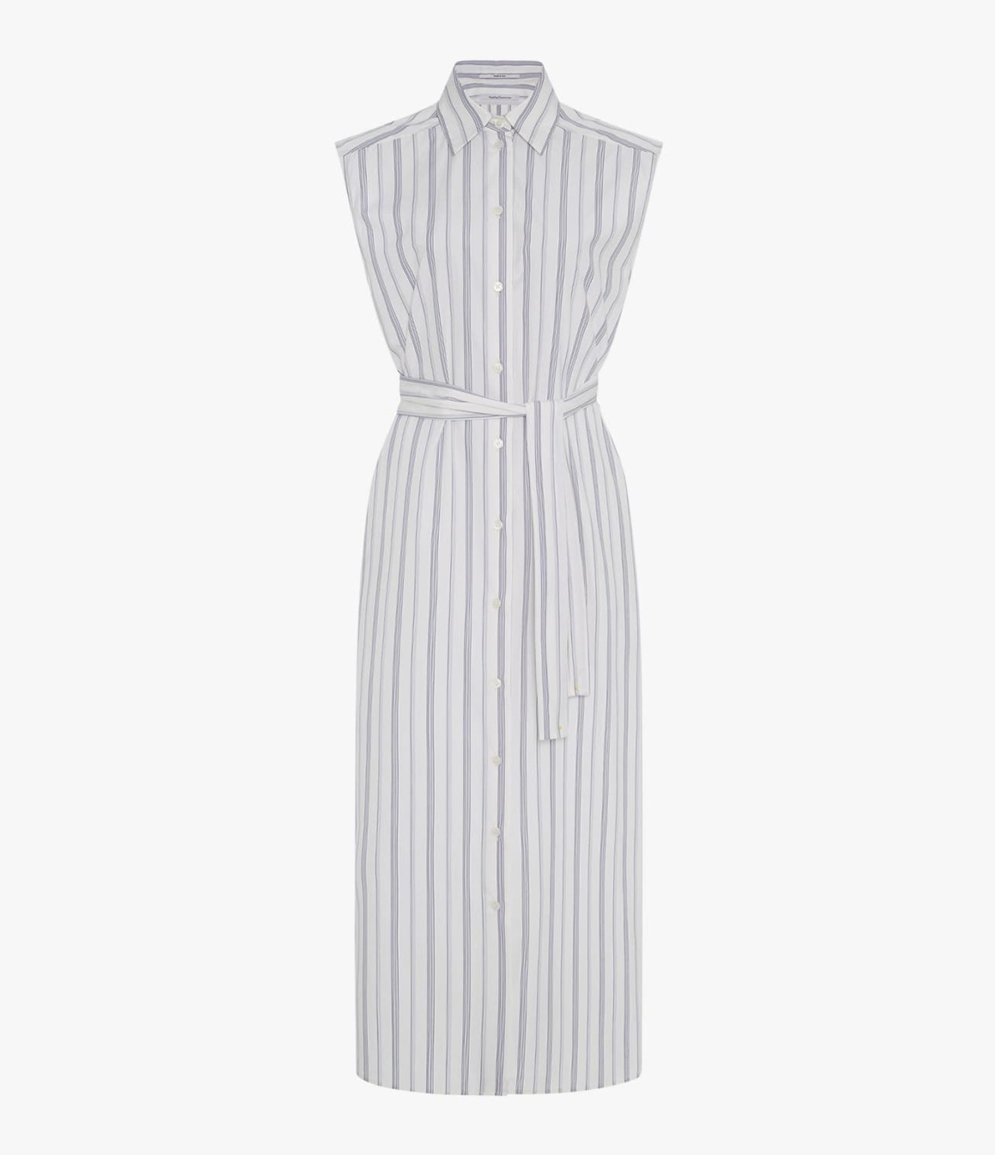 Another Tomorrow Sleeveless Pleat Back Tie Dress in White/Navy Stripe – Cotton Women's Dress