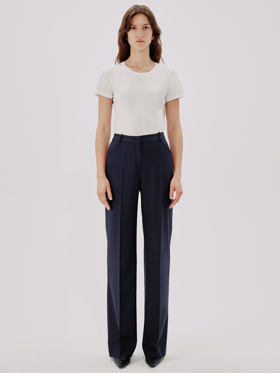 Another Tomorrow Slight Flare Trouser in Navy – Wool Women's Trousers