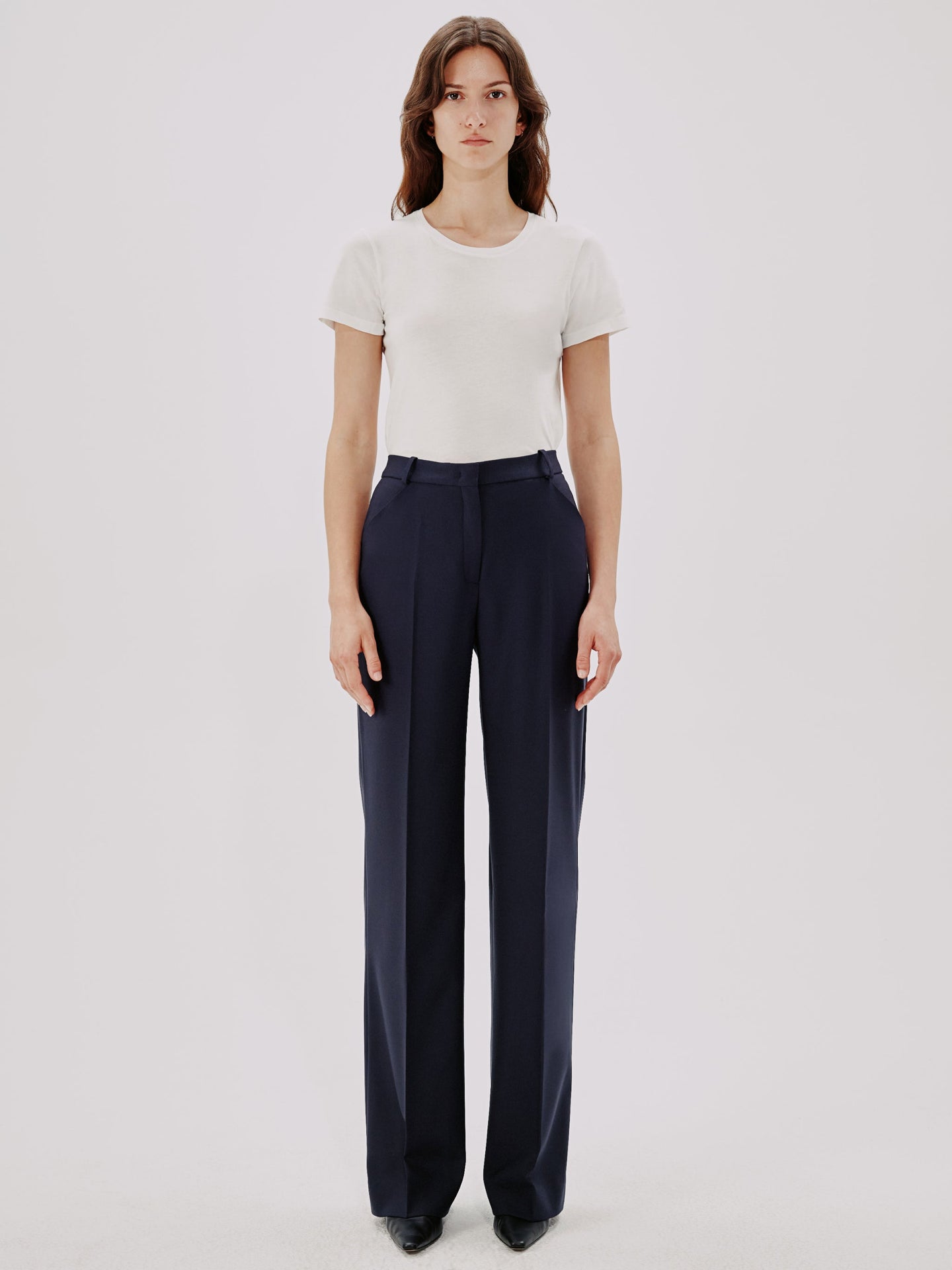 Another Tomorrow Slight Flare Trouser in Navy – Wool Women's Trousers