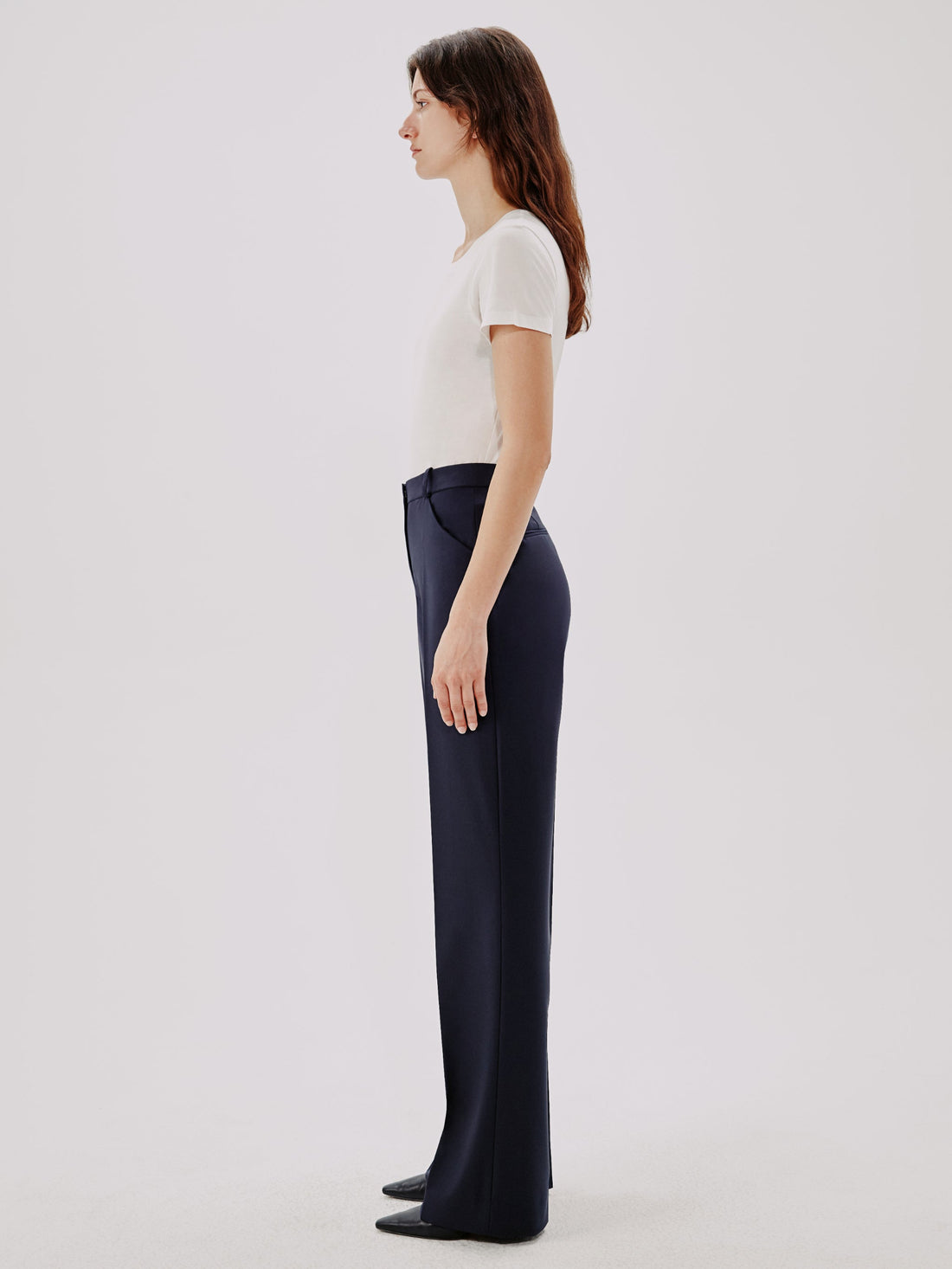 Another Tomorrow Slight Flare Trouser in Navy – Wool Women's Trousers