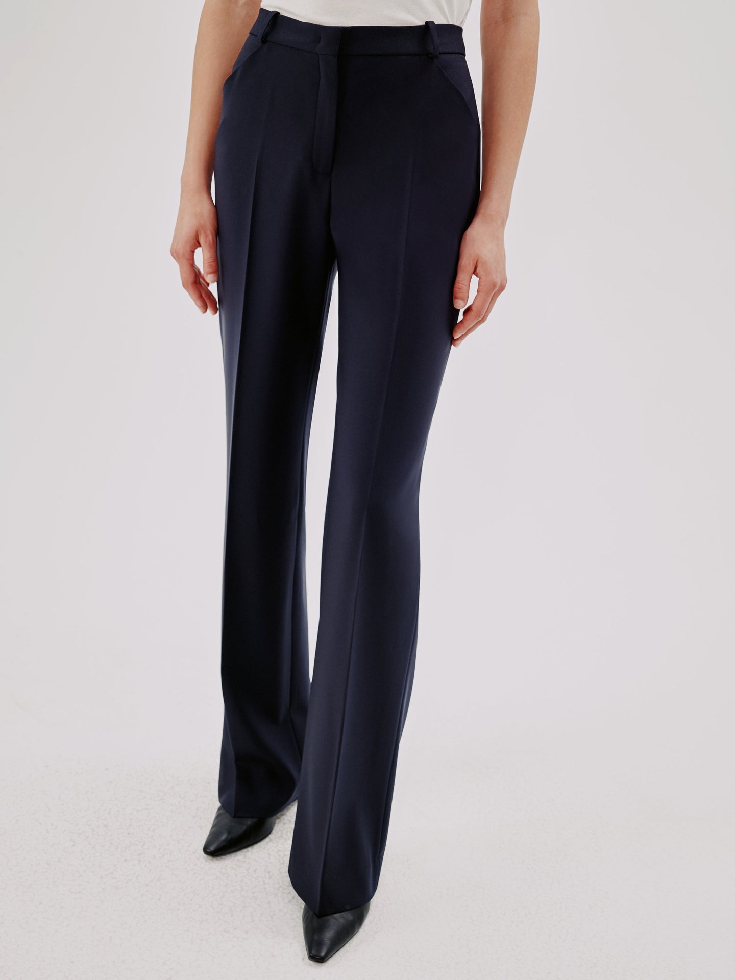 Another Tomorrow Slight Flare Trouser in Navy – Wool Women's Trousers