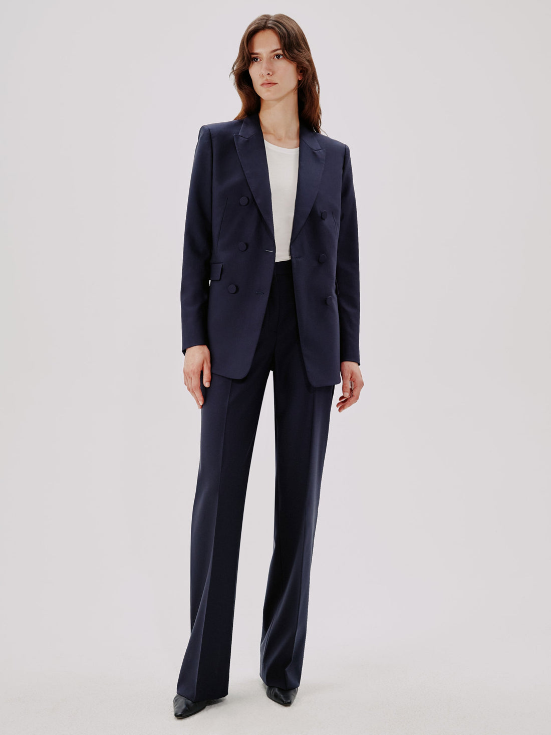 Another Tomorrow Slight Flare Trouser in Navy – Wool Women's Trousers