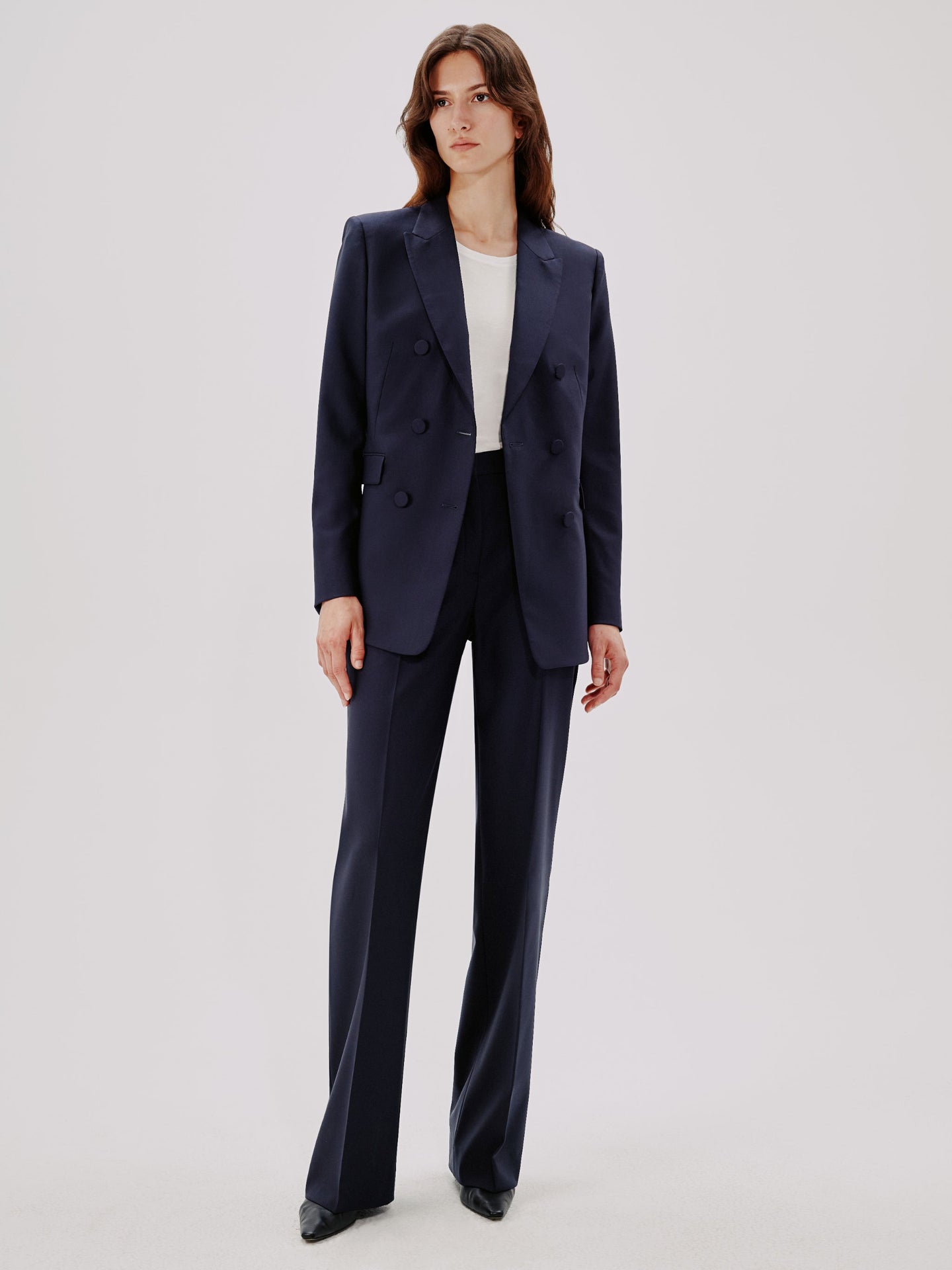 Another Tomorrow Slight Flare Trouser in Navy – Wool Women's Trousers