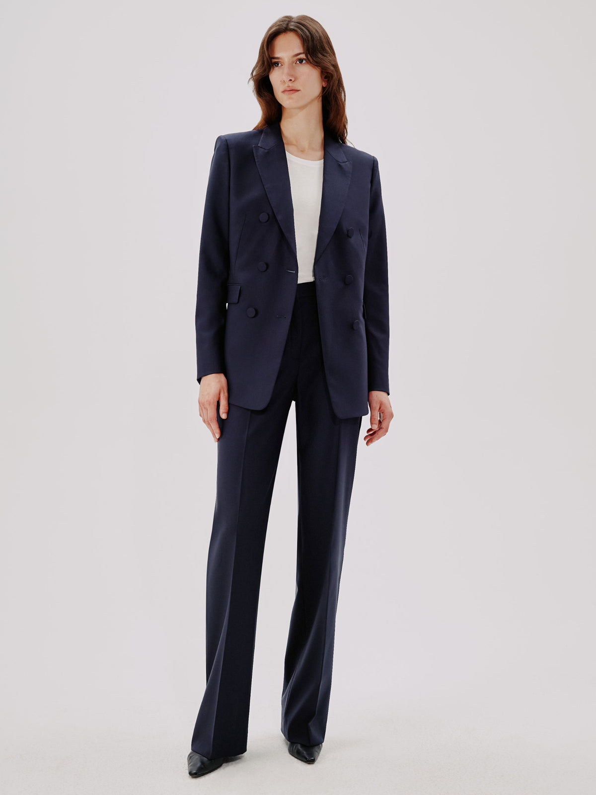 Another Tomorrow Slight Flare Trouser in Navy – Wool Women's Trousers