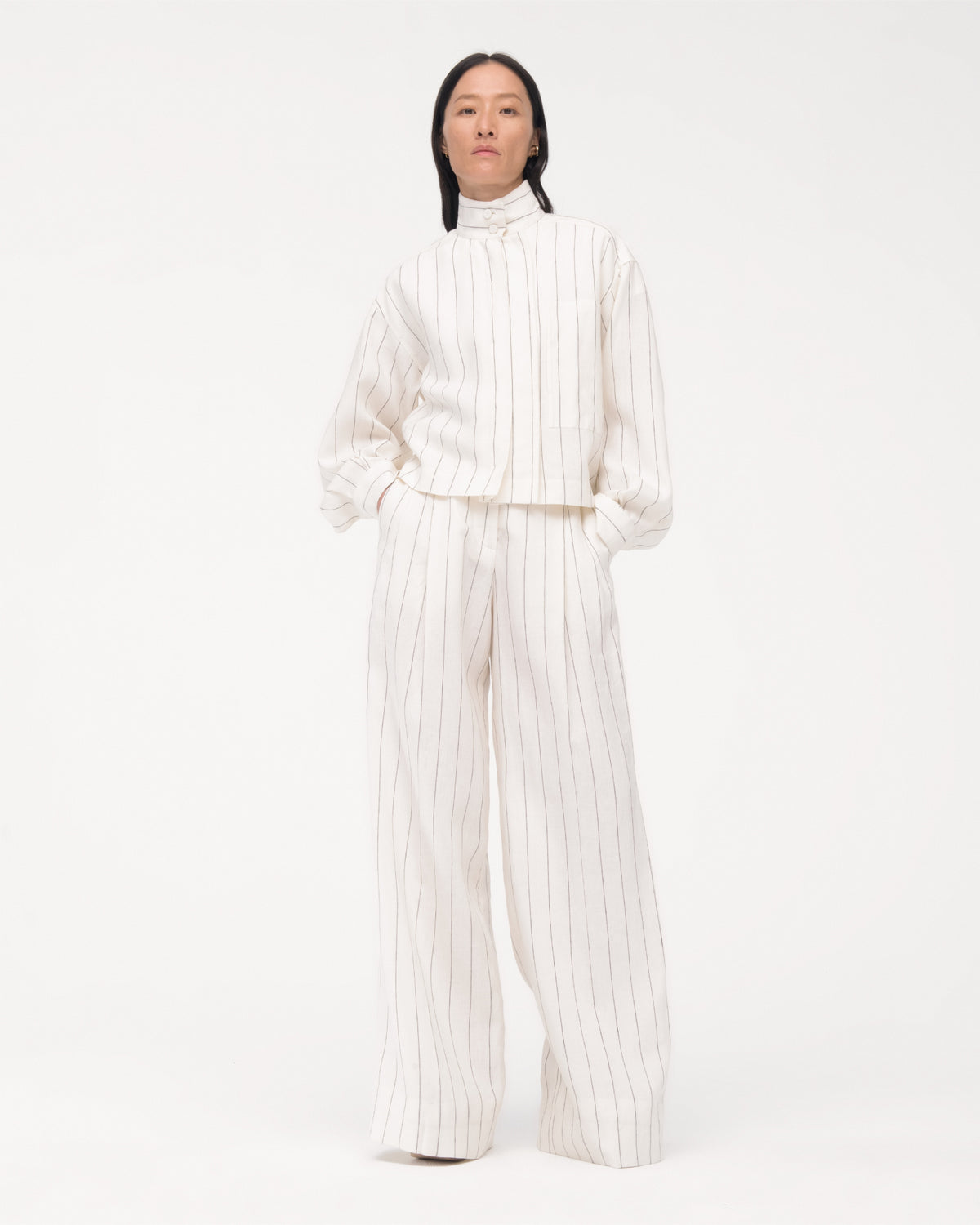 Another Tomorrow Mock Neck Pleat Shirt in Black/Off White – Linen Women's Top
