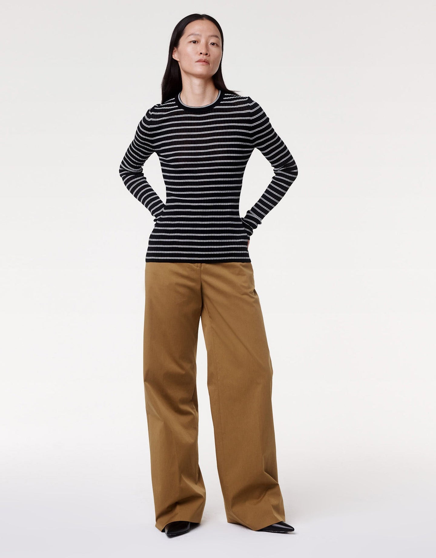 Another Tomorrow Fitted Long Sleeve Knit in Black/White – Viscose Women's Knitwear