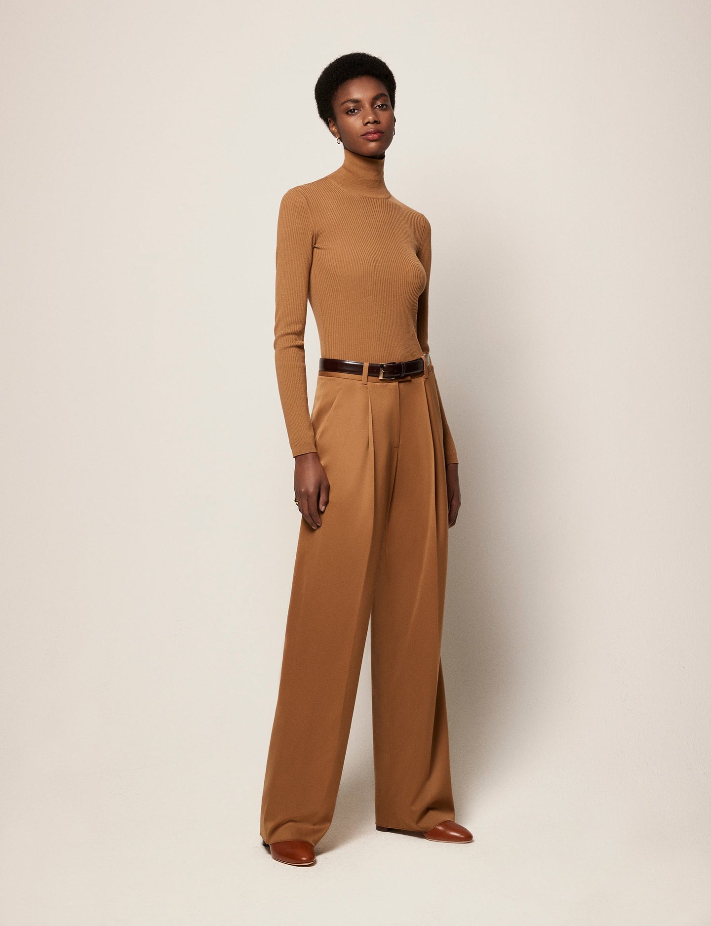 Another Tomorrow Ribbed Turtleneck in Vicuna – Wool Women's Knitwear