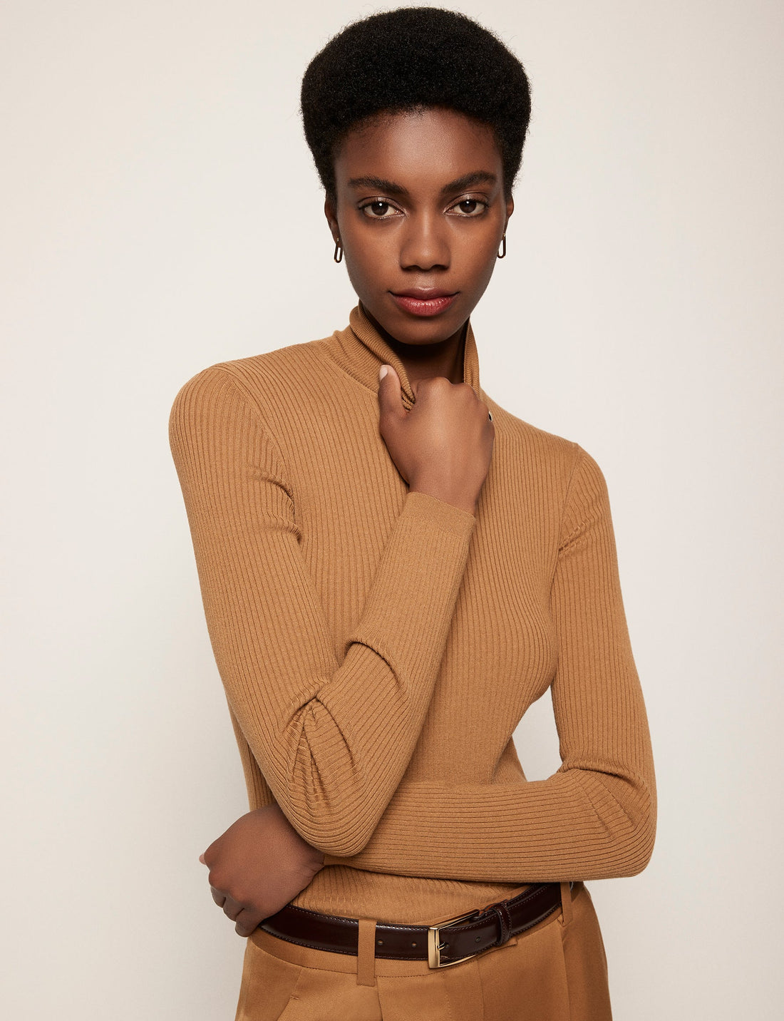 Another Tomorrow Ribbed Turtleneck in Vicuna – Wool Women's Knitwear