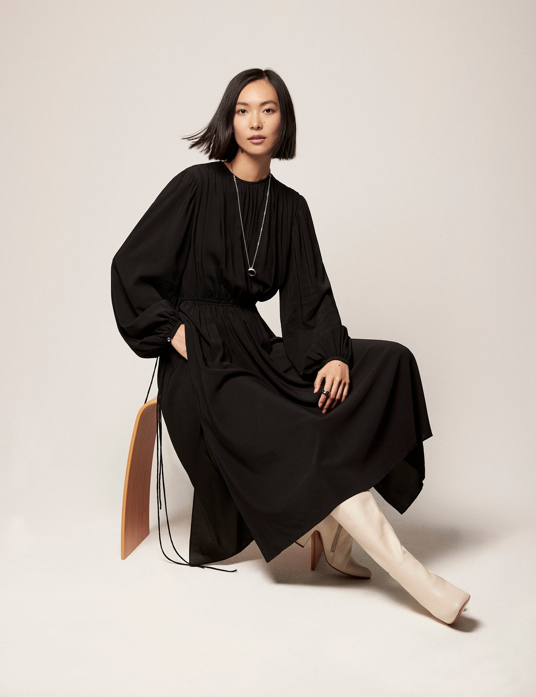 Another Tomorrow Drawstring Gathered Dress in Black – Viscose Women's Dress