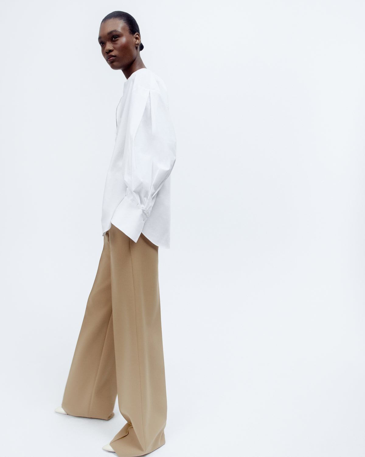 Another Tomorrow Exaggerated Bib Blouse in White – Cotton Women's Top