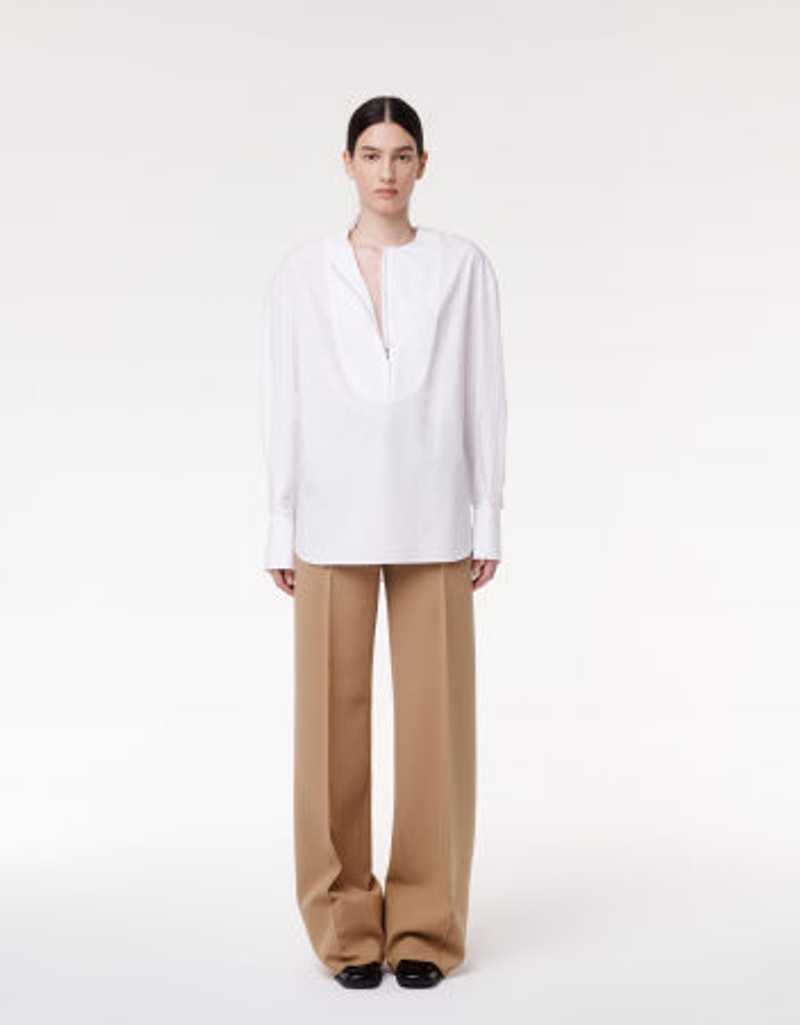 Another Tomorrow Exaggerated Bib Blouse in White – Cotton Women's Top