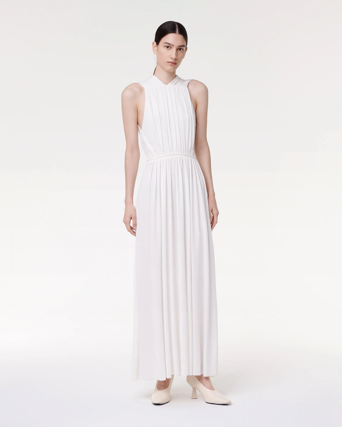 Another Tomorrow Shirred Midi Dress in Off White – Viscose Women's Dress
