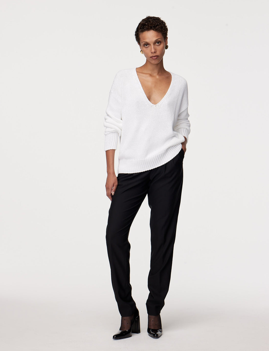 Another Tomorrow Draped Knit V-Neck Sweater in White – Cotton Women's Knitwear