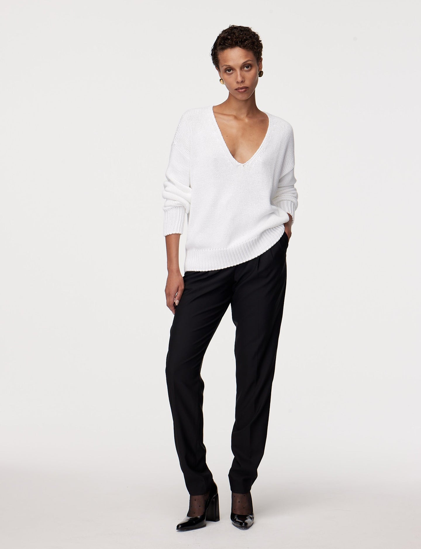 Another Tomorrow Draped Knit V-Neck Sweater in White – Cotton Women's Knitwear