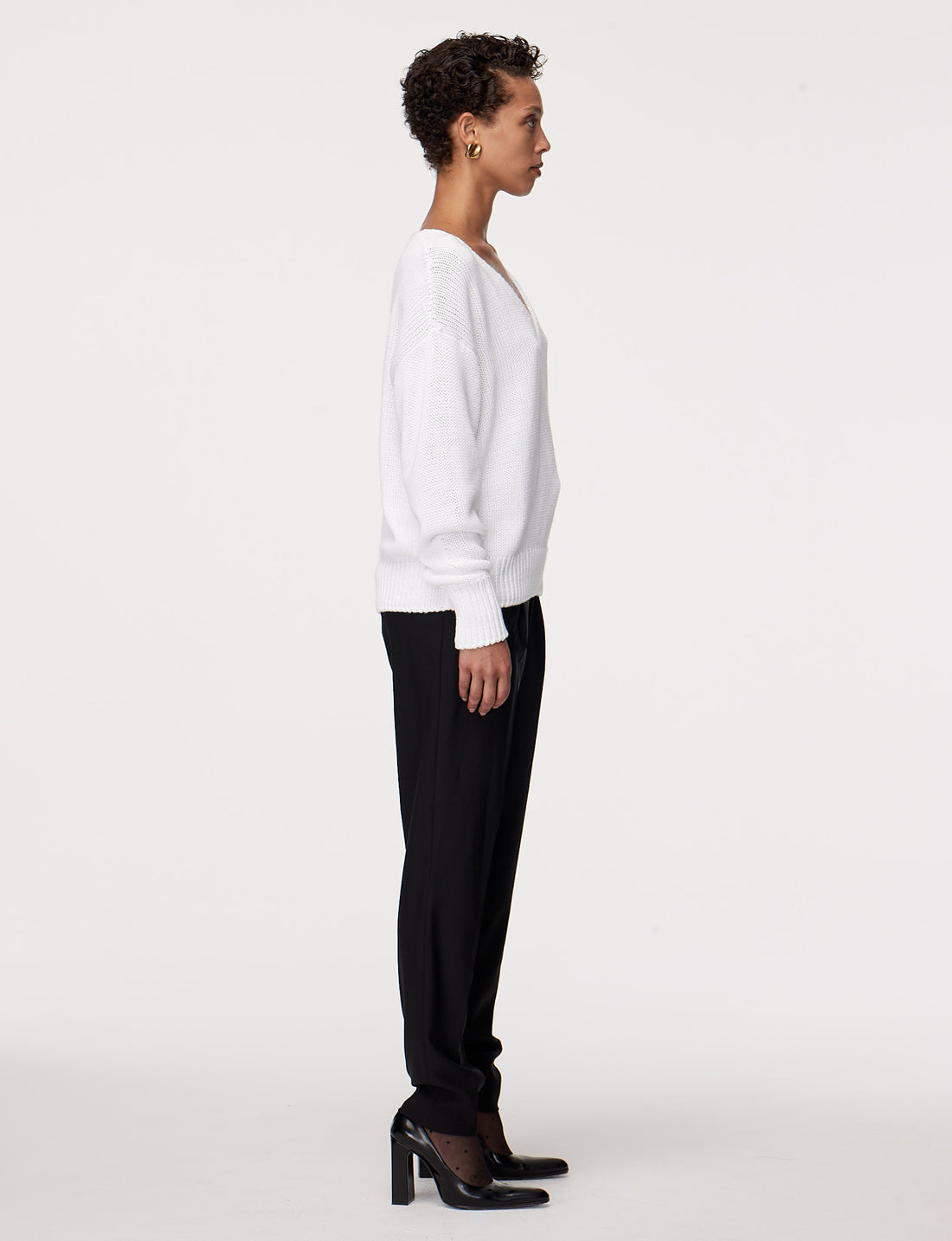 Another Tomorrow Draped Knit V-Neck Sweater in White – Cotton Women's Knitwear