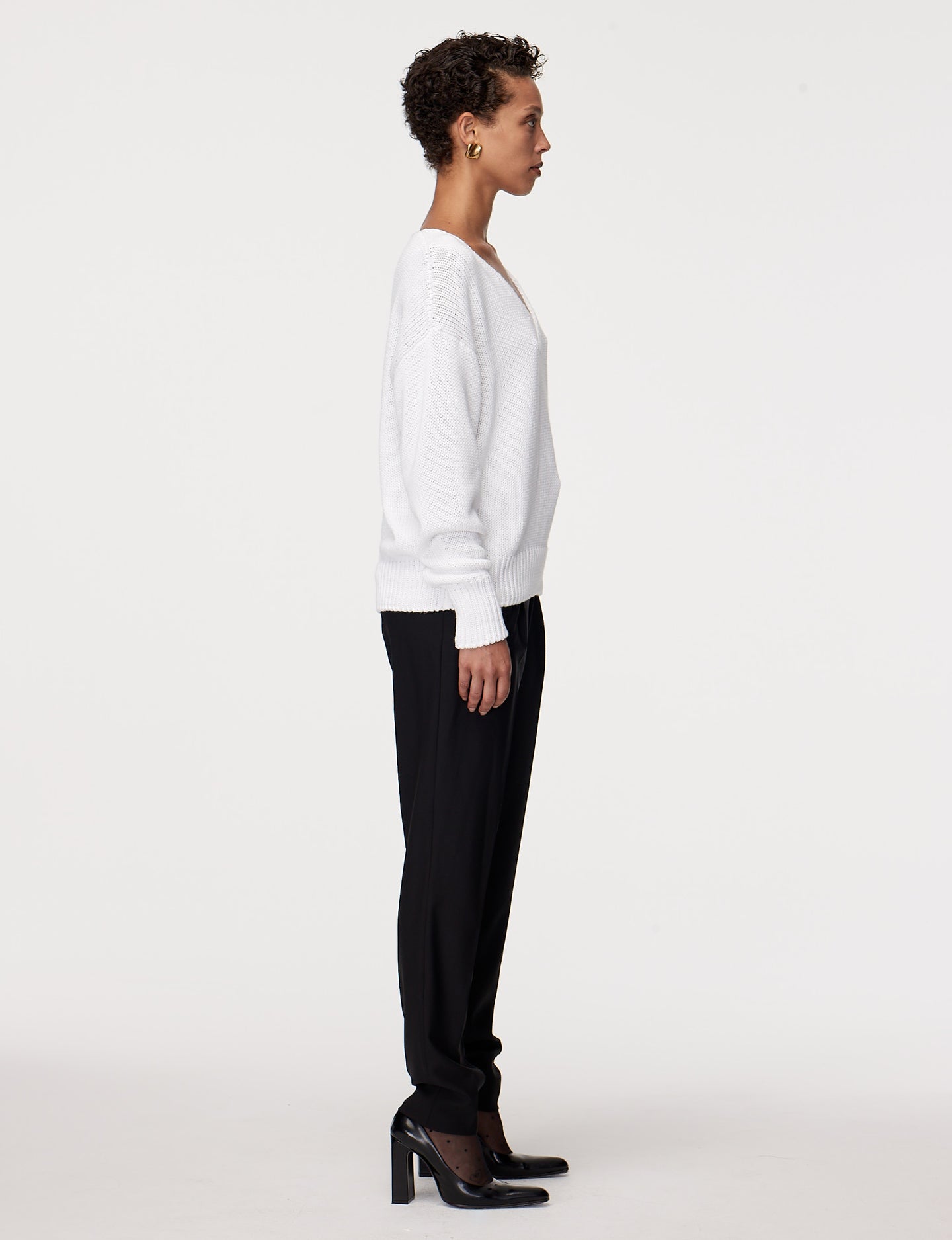 Another Tomorrow Draped Knit V-Neck Sweater in White – Cotton Women's Knitwear