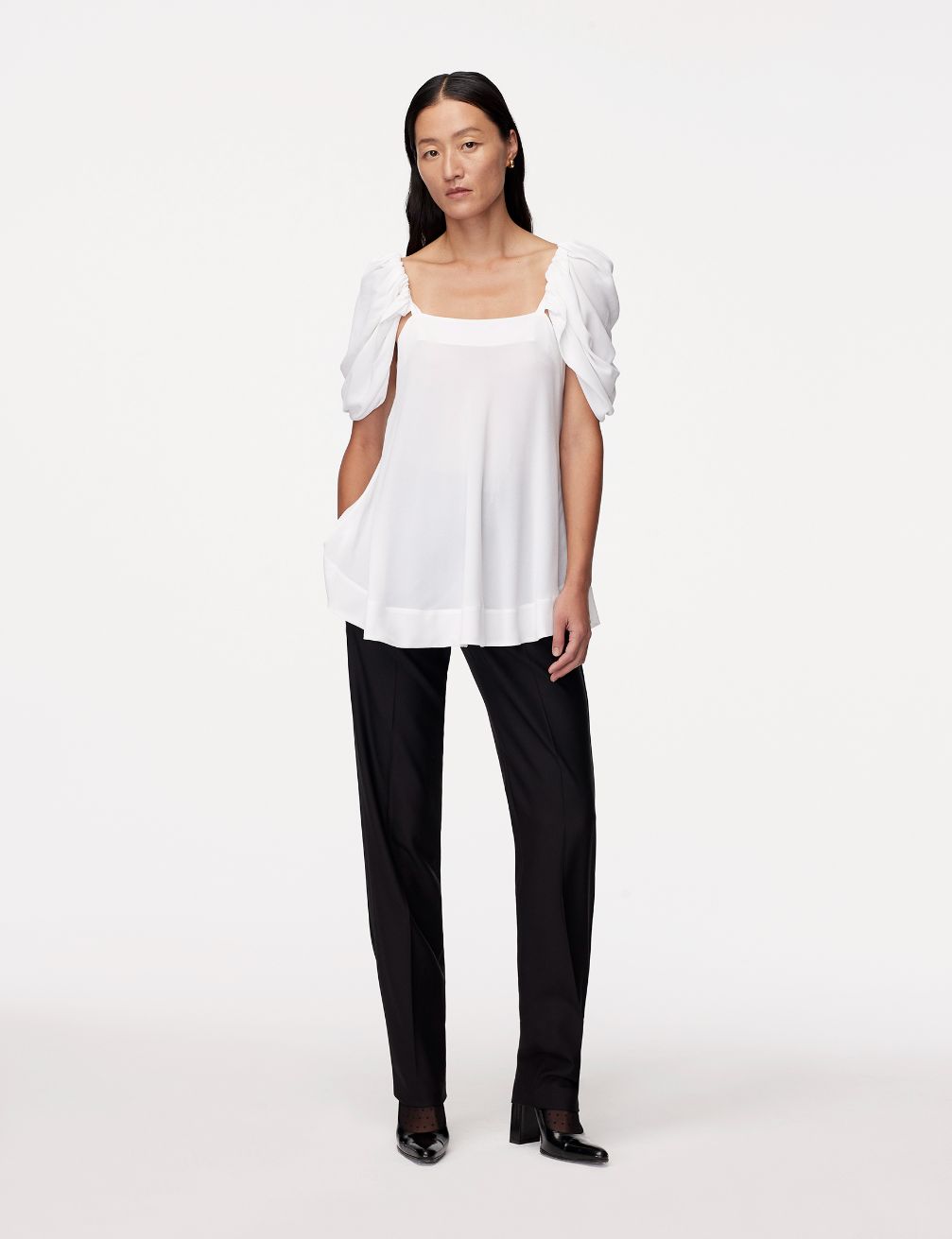 Another Tomorrow Tulip Sleeve Blouse in White – Viscose Women's Top