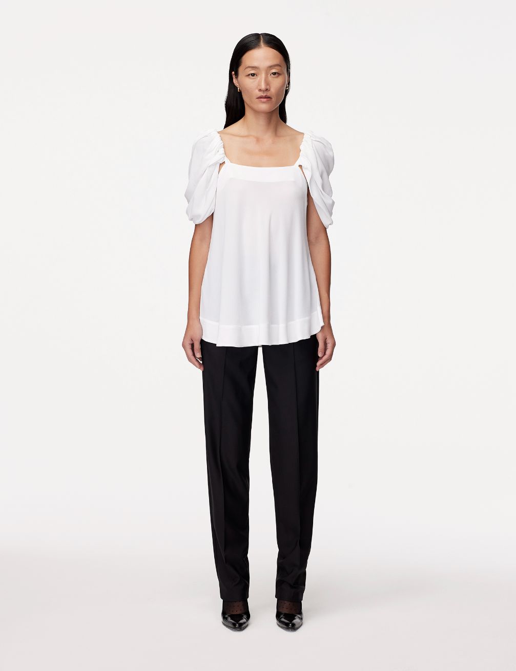 Another Tomorrow Tulip Sleeve Blouse in White – Viscose Women's Top