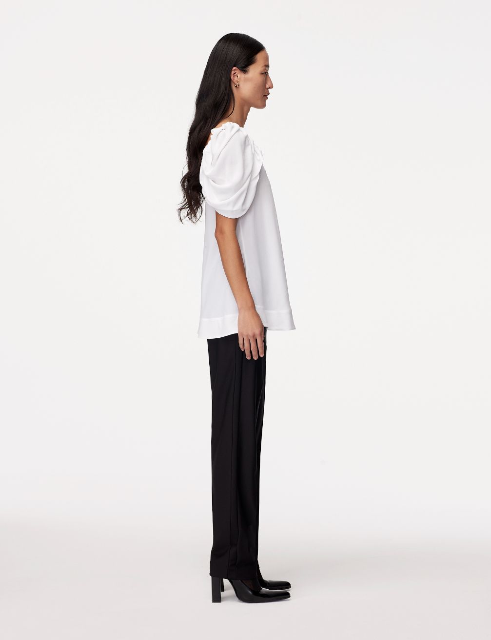 Another Tomorrow Tulip Sleeve Blouse in White – Viscose Women's Top