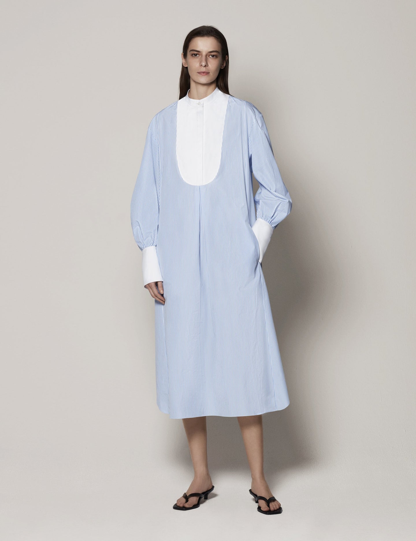 Another Tomorrow Bib Shirt Dress in Blue Stripe – Cotton Women's Dress