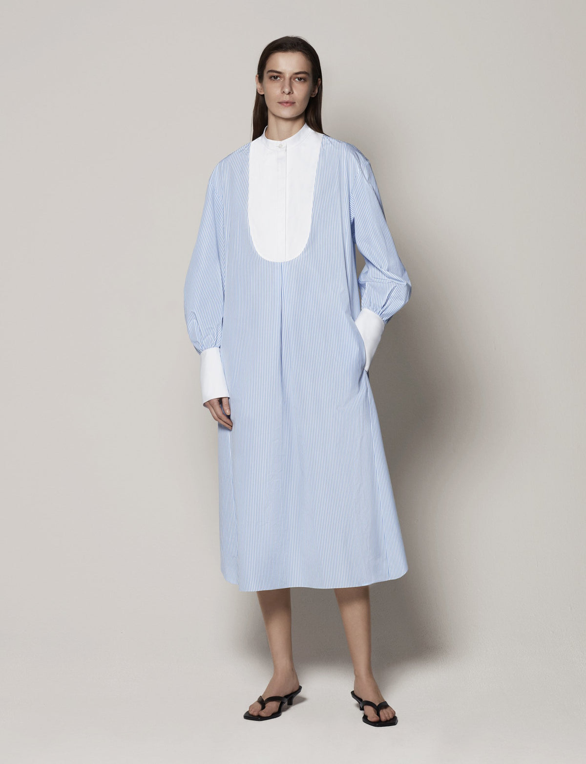 Another Tomorrow Bib Shirt Dress in Blue Stripe – Cotton Women's Dress
