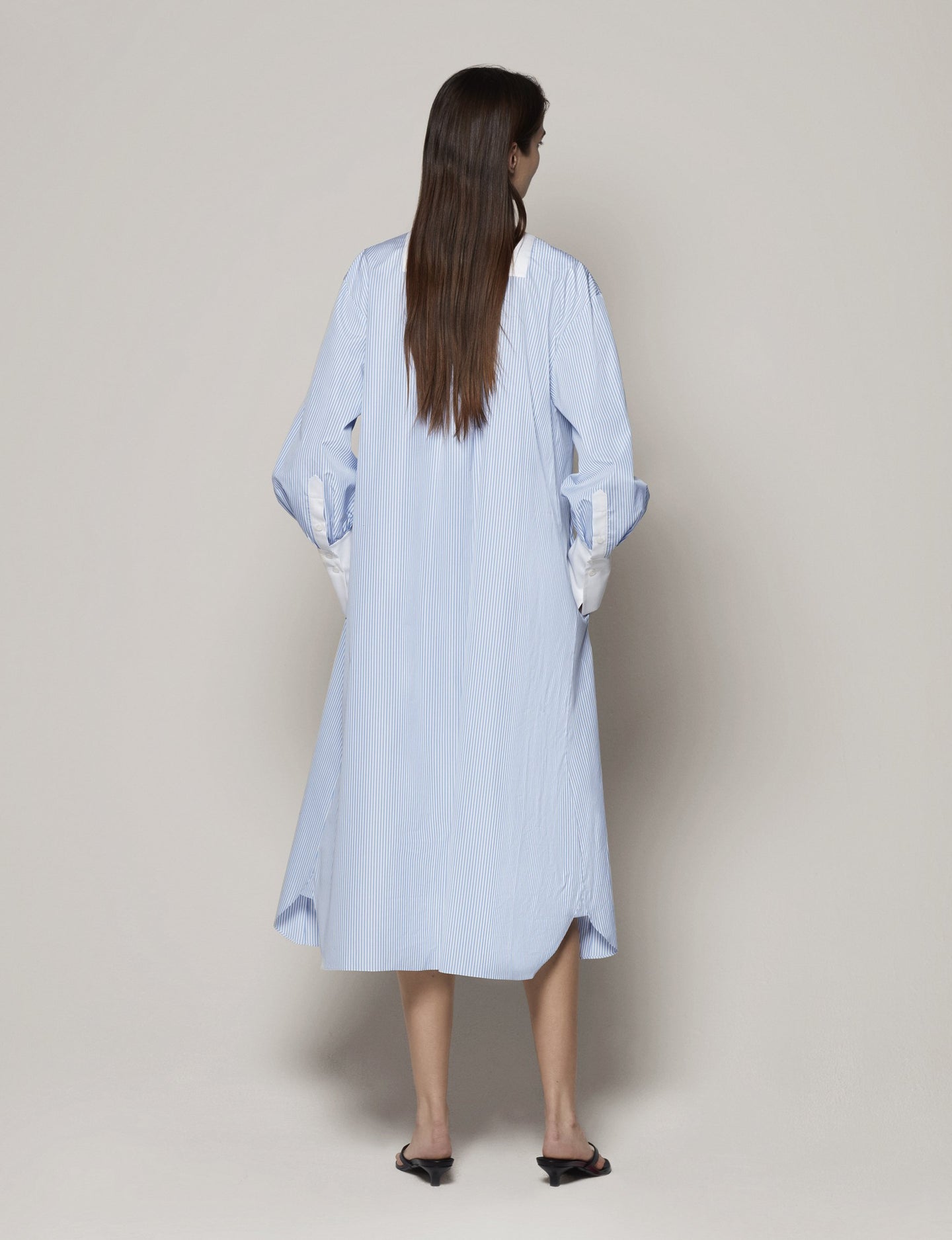 Another Tomorrow Bib Shirt Dress in Blue Stripe – Cotton Women's Dress