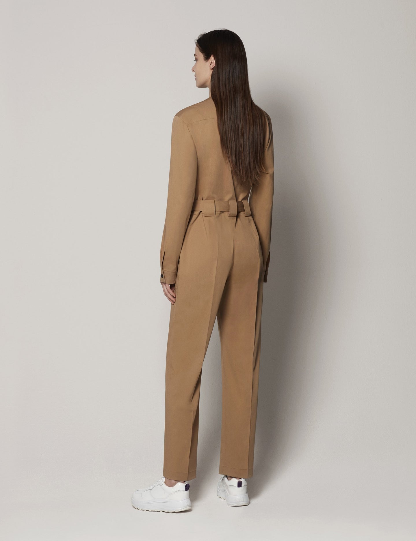 Another Tomorrow Collarless Jumpsuit in Marrone – Cotton Women's Jumpsuit