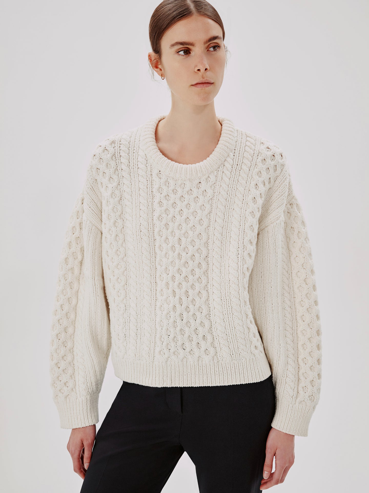 Another Tomorrow Cable Knit Cocoon Sweater in Cream – Wool Women's Knitwear