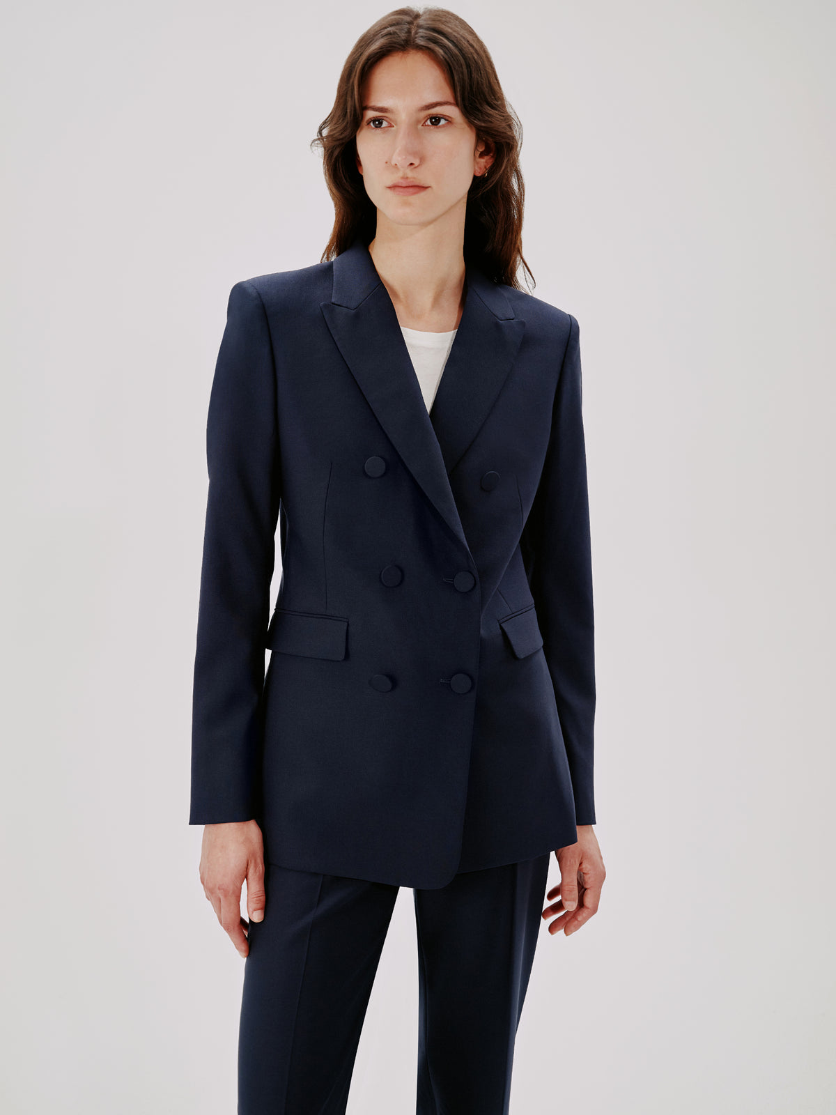 Another Tomorrow Double-Breasted Jacket in Navy – Wool Women's Jacket