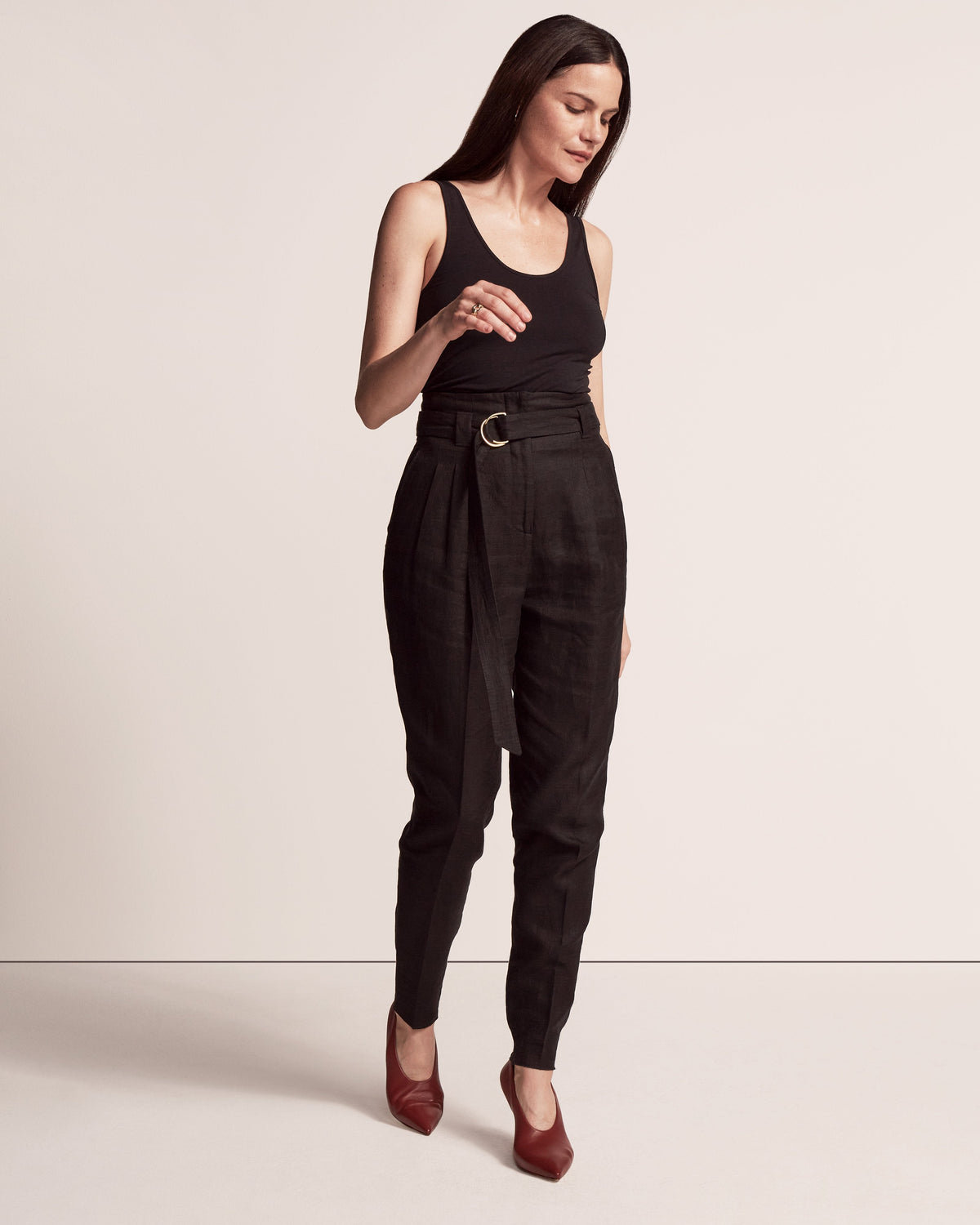 Another Tomorrow Paper Bag Pleated Trouser in Black – Linen Women's Trousers