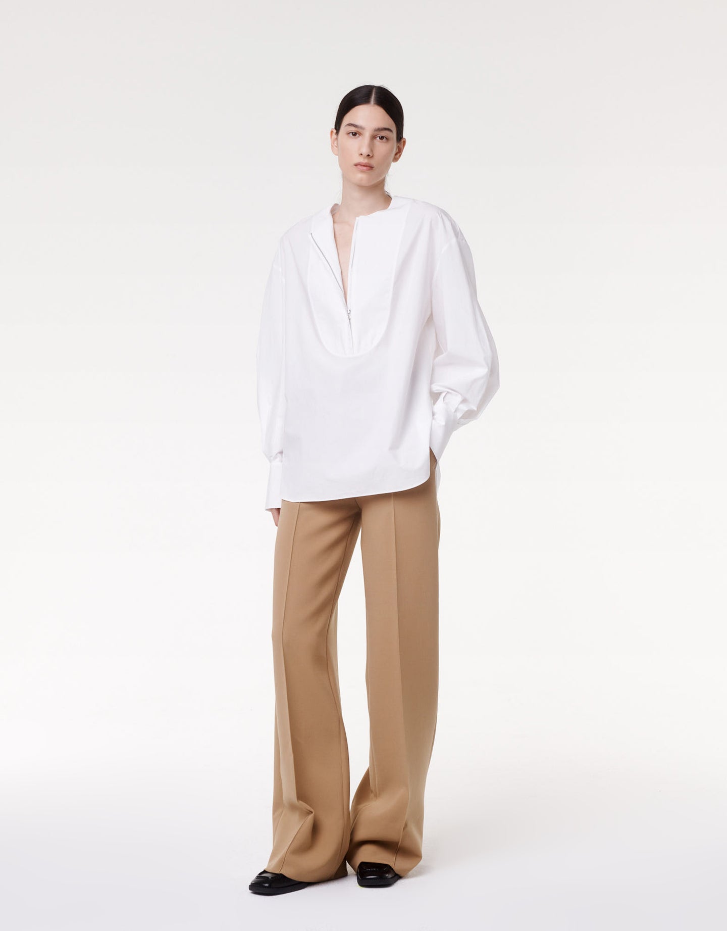 Another Tomorrow Exaggerated Bib Blouse in White – Cotton Women's Top