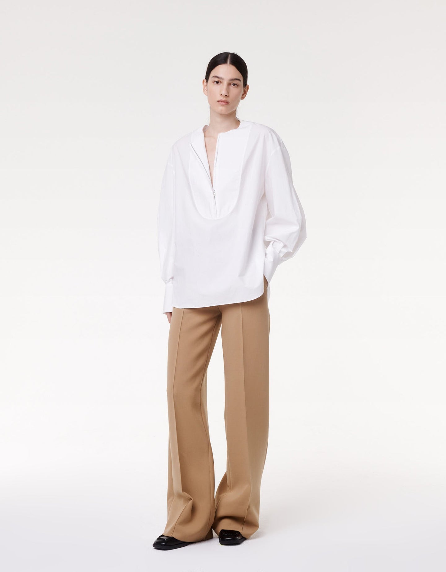 Another Tomorrow Exaggerated Bib Blouse in White – Cotton Women's Top