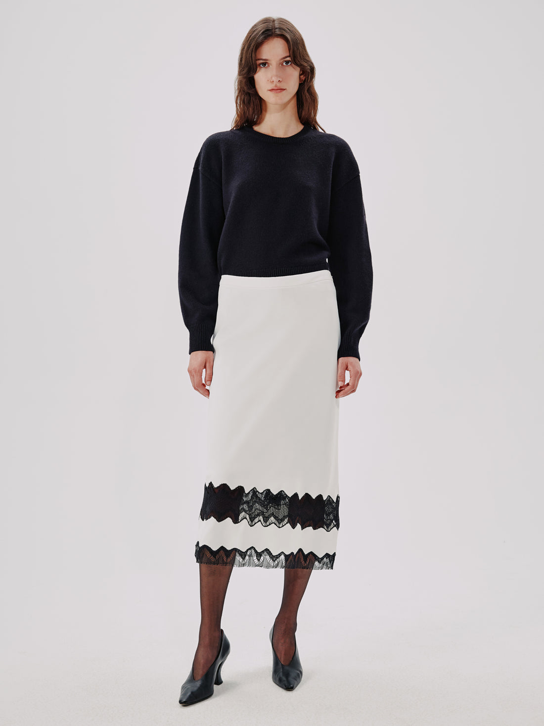 white lace top black skirt dress X7801 PLEATED LACE SKIRT (BLK/IVORY, IVORY, BLK) N by Nancy