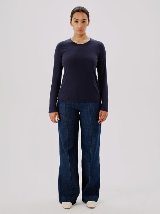 Another Tomorrow Long Sleeve T-Shirt in Navy – Cotton Women's Top