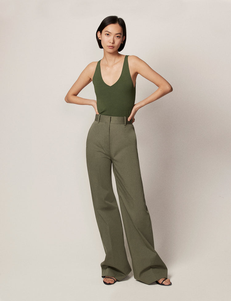 Another Tomorrow Wide Leg Pant in Olive Green – Cotton Women's Trousers