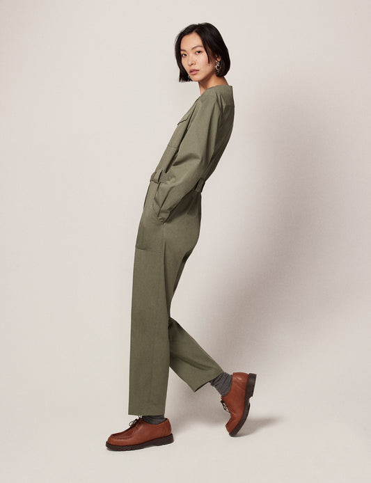 Another Tomorrow Collarless Jumpsuit in Olive Green – Cotton Women's Jumpsuit