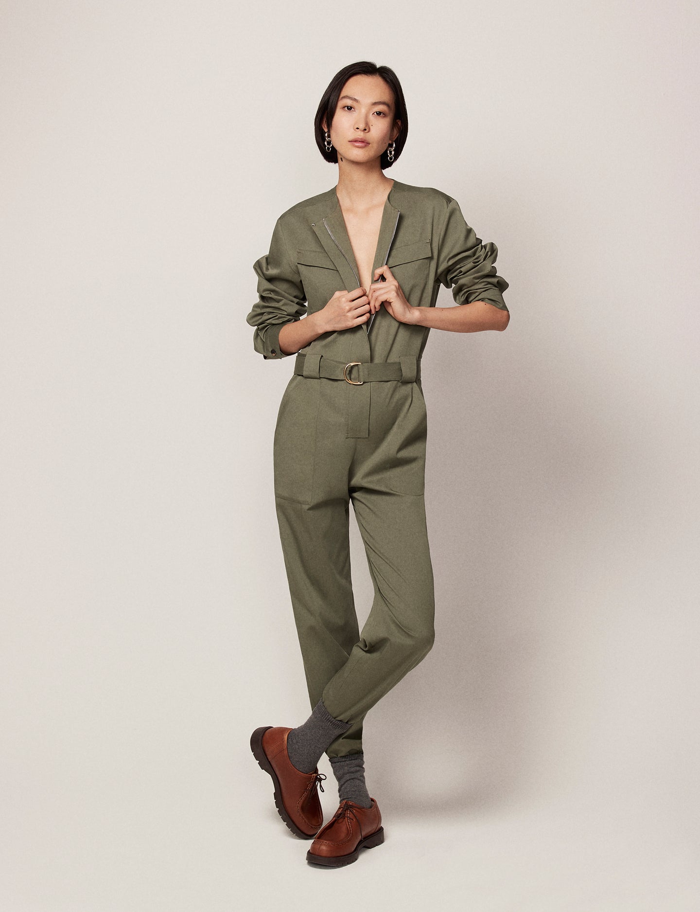Another Tomorrow Collarless Jumpsuit in Olive Green – Cotton Women's Jumpsuit