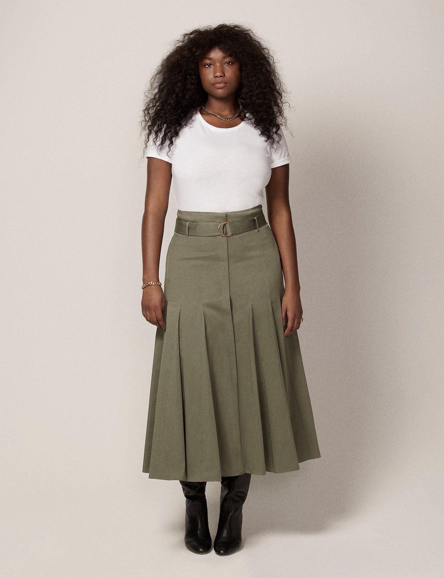 Another Tomorrow Seamed Flare Skirt in Olive Green – Cotton Women's Skirt