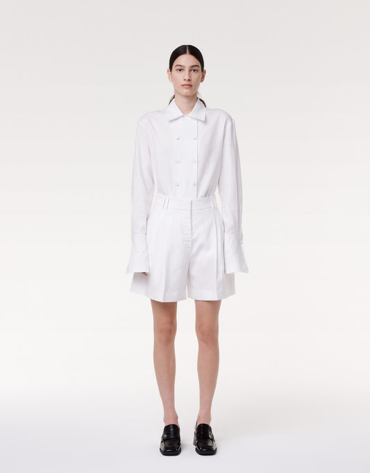 Another Tomorrow Pleated Shorts in White – Linen Women's Trousers