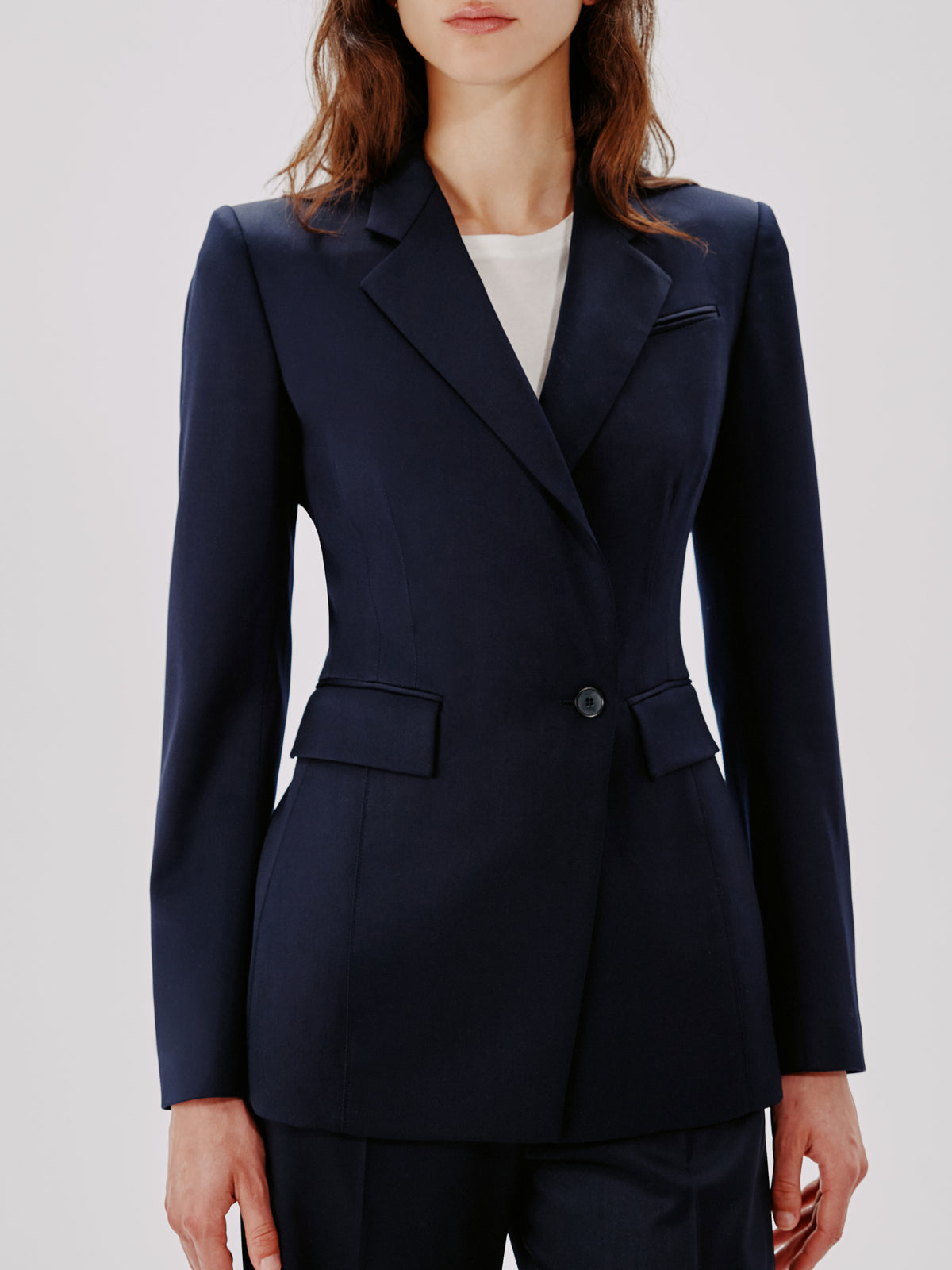 Another Tomorrow Seamed Waist Jacket in Navy – Wool Women's Jacket