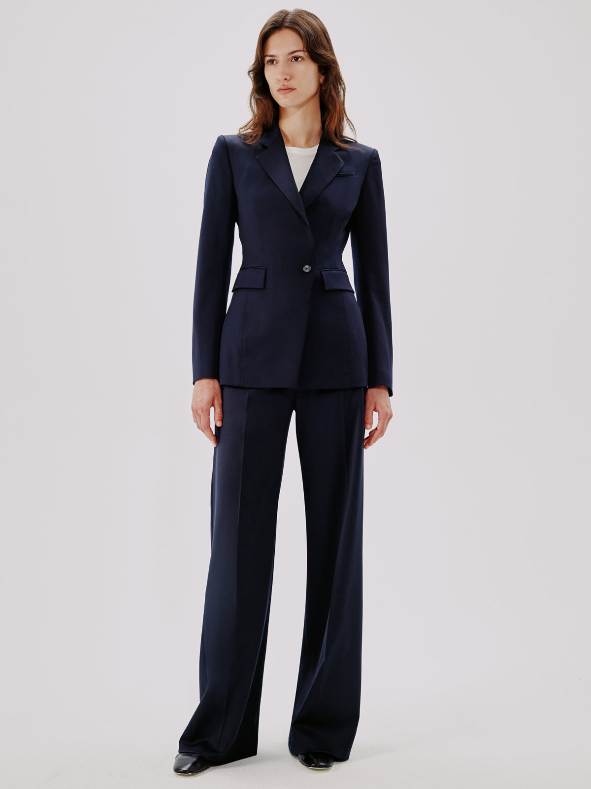Another Tomorrow Seamed Waist Jacket in Navy – Wool Women's Jacket