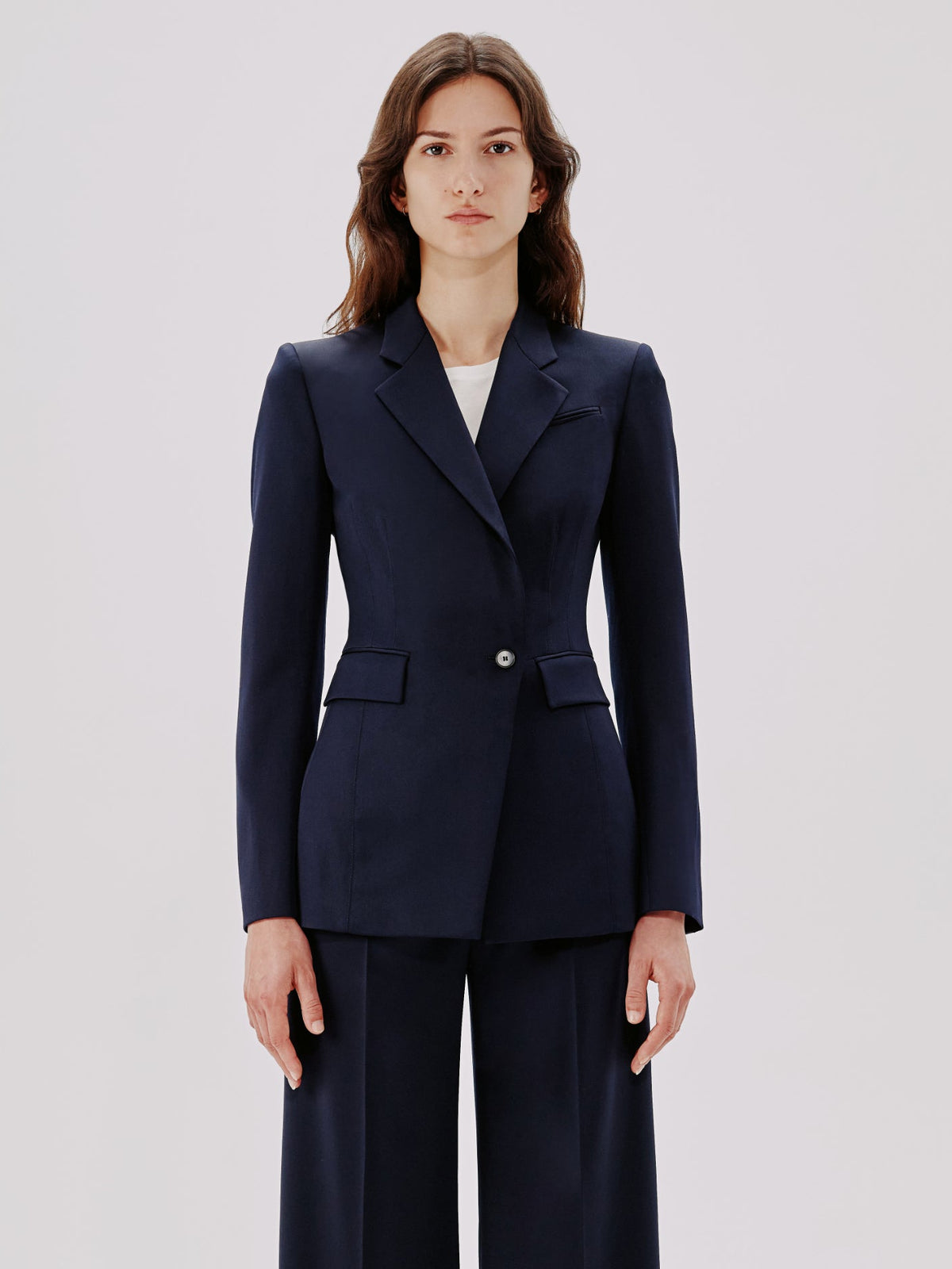Another Tomorrow Seamed Waist Jacket in Navy – Wool Women's Jacket