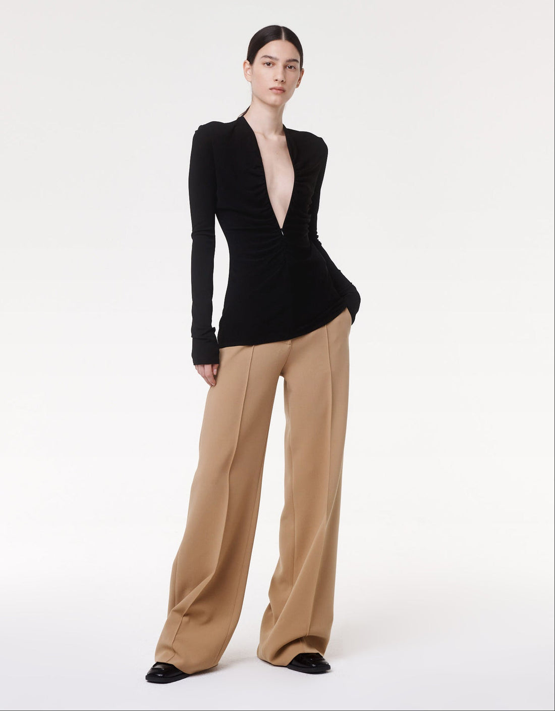 Another Tomorrow Shirred Long Sleeve Top in Black – Viscose Women's Top