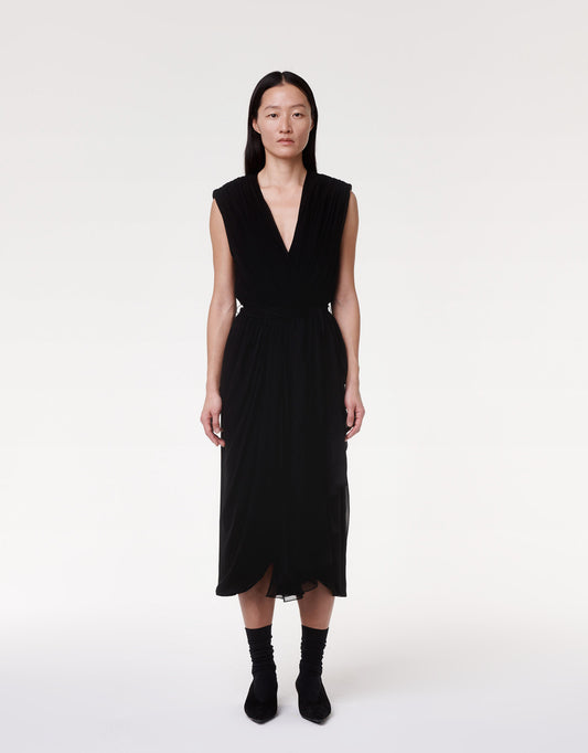 Another Tomorrow Silk Chiffon Gathered Dress in Black – Silk Women's Dress