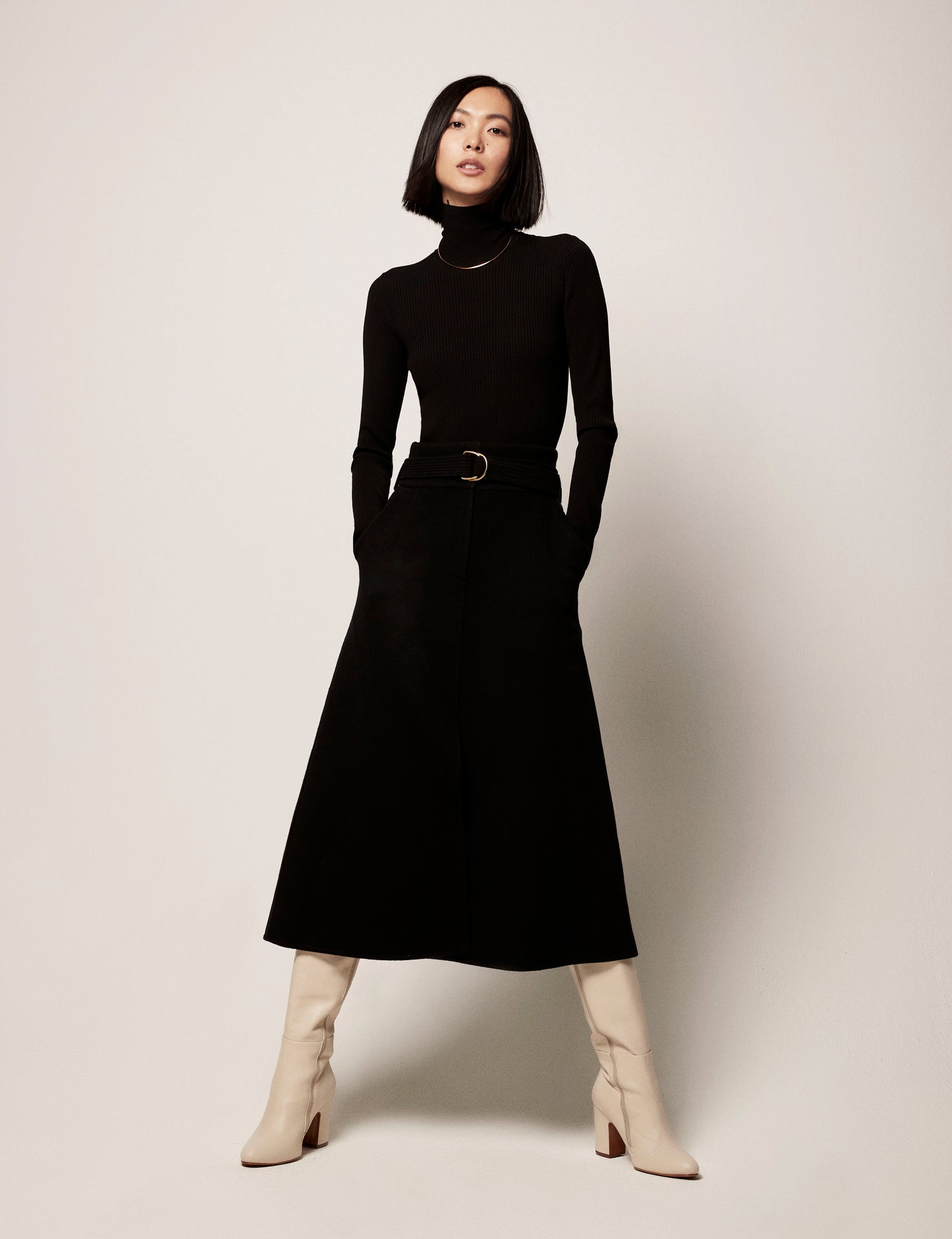 Another Tomorrow Belted A-Line Skirt in Black – Cashmere Women's Skirt