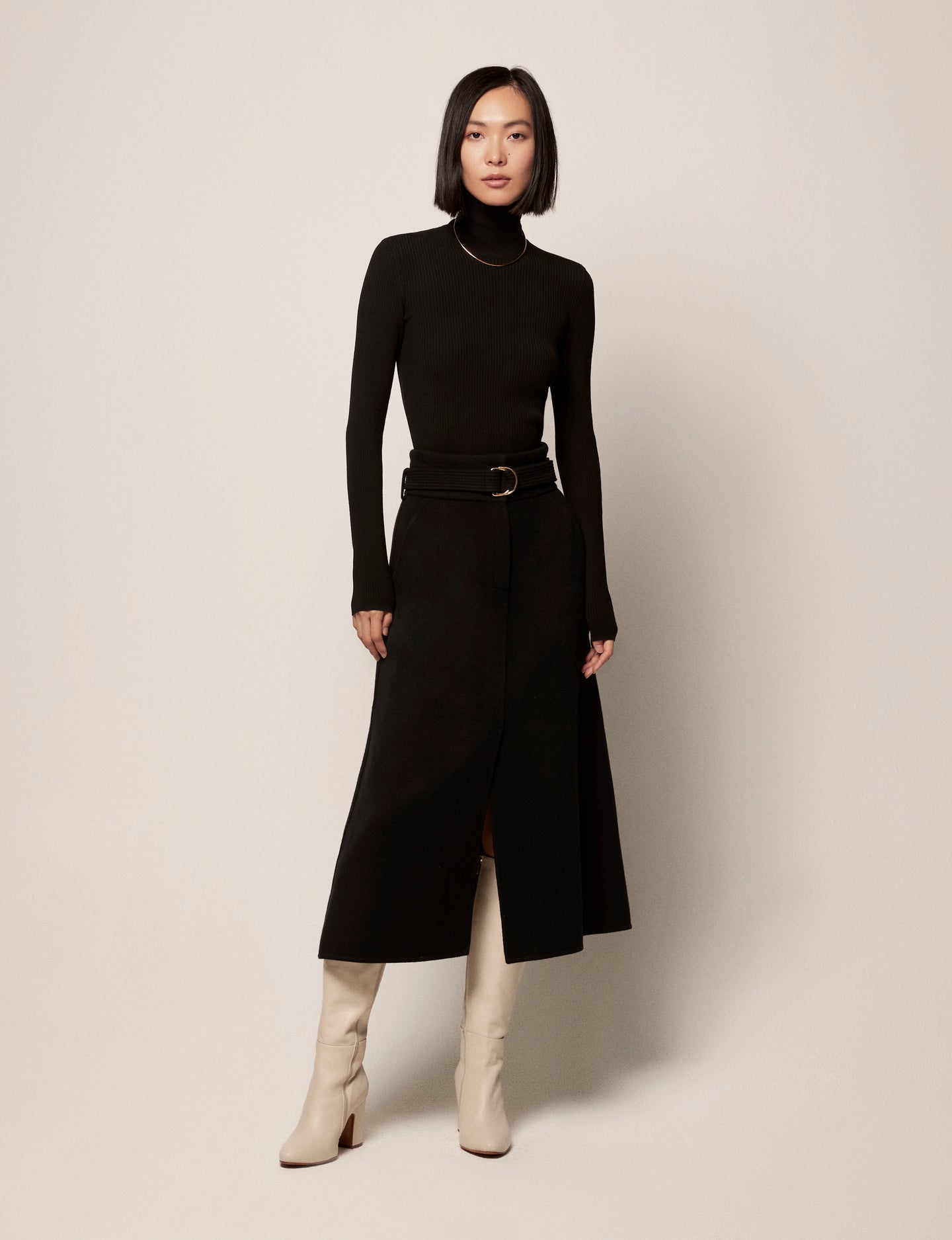 Another Tomorrow Belted A-Line Skirt in Black – Cashmere Women's Skirt