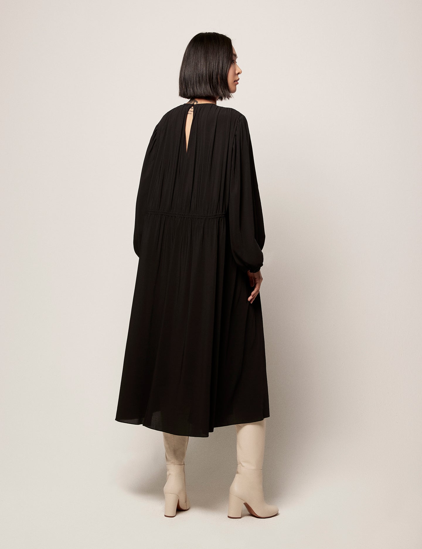Another Tomorrow Drawstring Gathered Dress in Black – Viscose Women's Dress