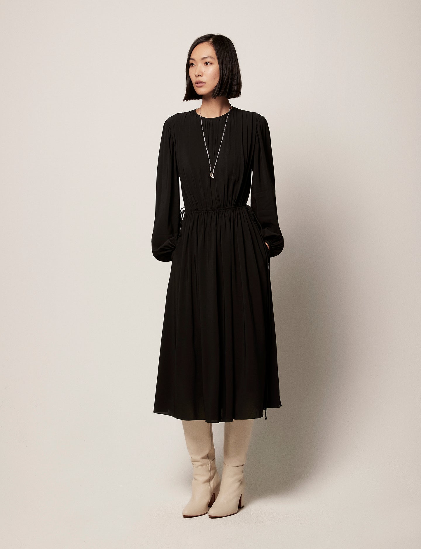 Another Tomorrow Drawstring Gathered Dress in Black – Viscose Women's Dress