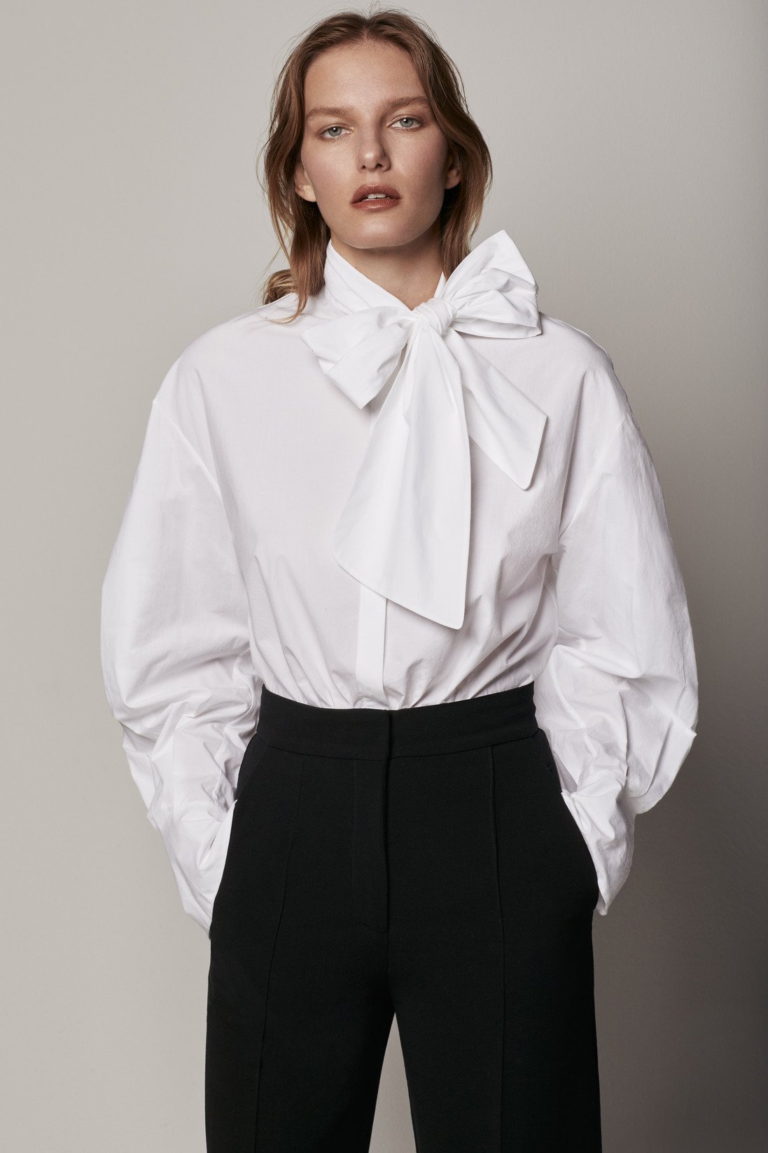 Another Tomorrow Exaggerated Bow Blouse in White – Cotton Women's Top