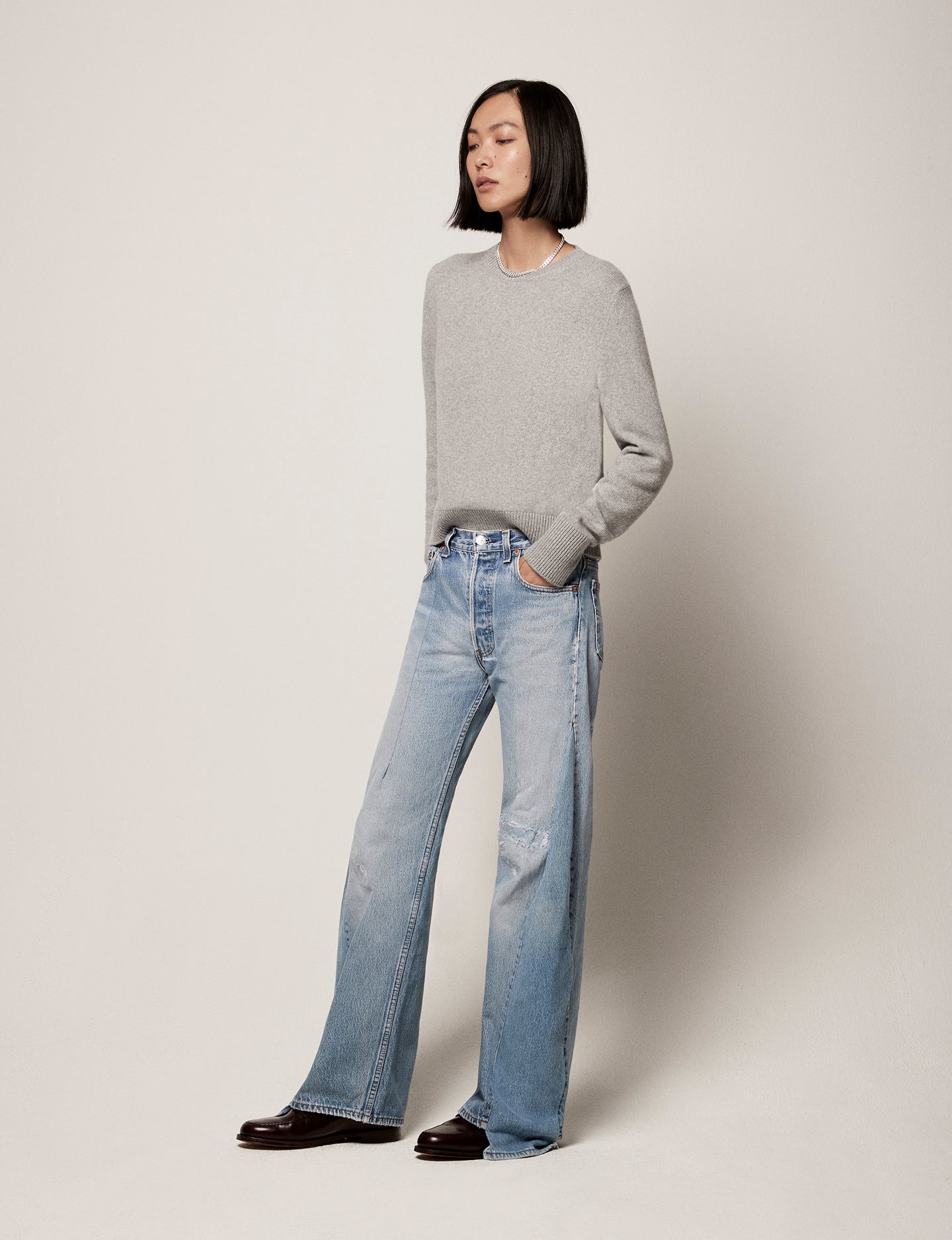 Another Tomorrow Classic Cashmere Crewneck in Heather Grey – Cashmere Women's Knitwear